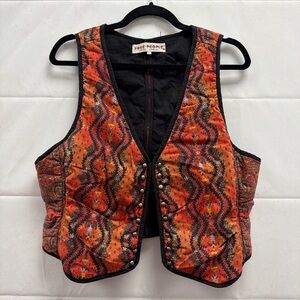 Vintage Y2K Free People Quilted Boho Vest XL Orange Black Made in India